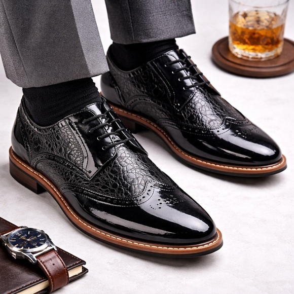 Stacy Adams Dayton Wingtip Oxford Black Patent Croc Embossed Dress Shoes Mens 11 - Picture 7 of 7